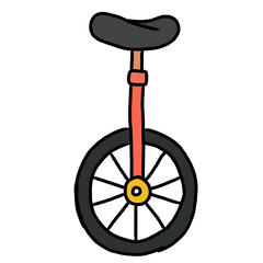 Cute Hand Drawn Unicycle Circus Doodle Isolated on White. Cute hand drawn unicycle circus illustration with a black wheel, red frame and saddle, colorful playful design, isolated on a white background © esra