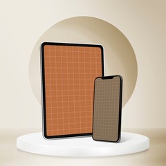 Minimal mockup with tablet and smartphone on pedestal © Rawpixel.com
