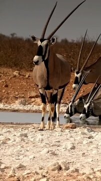 Gemsbok Oryx Antelope Herd Standing at Desert Waterhole