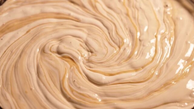 Creamy batter slowly swirled with golden liquid creating marbled dessert pattern