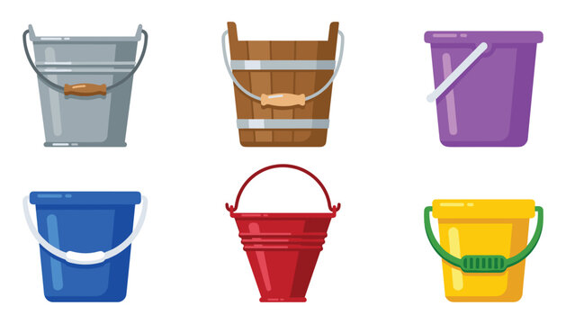 Water bucket vector icon set with metal zinc wooden plastic garden pails and colorful containers for cleaning domestic chores equipment