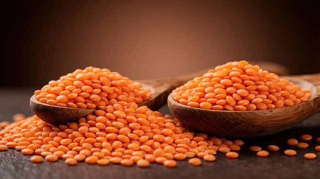 Red lentils pile in wooden spoons on dark surface. Raw organic legumes spread on table. Healthy protein ingredient for vegetarian diet. Dry split lentils heap for vegan cooking, nutritious food for