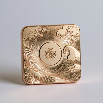 Ai generated gold engraved metal square tile with artistic ocean wave texture engraving geometric