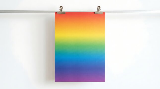 A rainbow gradient poster hanging on a white wall with metal clips.