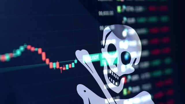A dynamic timelapse video featuring fast moving stock market candlestick bars blended with a waving Jolly Roger flag, representing financial cybercrime, stock market hacking, and digital piracy.