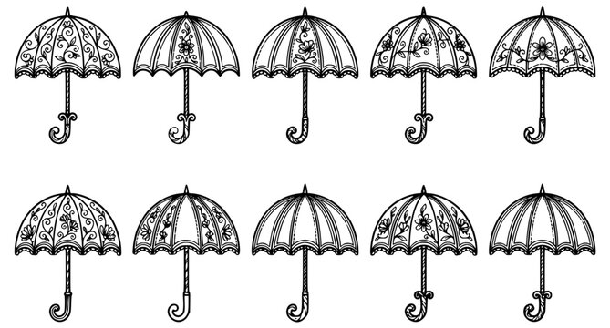 Decorative Umbrella Parasol Outline Vector Icon Set
