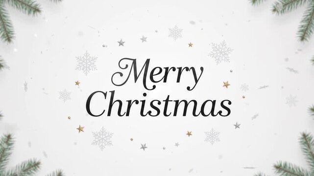 Merry Christmas typography text greeting card design with pine branches and snowflakes