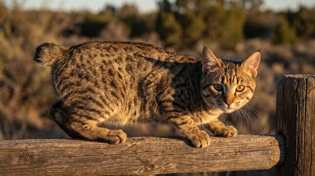 Pixie bob cat crouching on a weathered wooden fence in natural light