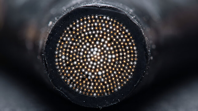 Extreme macro cross section of a fiber optic cable revealing thousands of microscopic glass cores emitting amber and white light for ultra high speed broadband internet telecommunication background