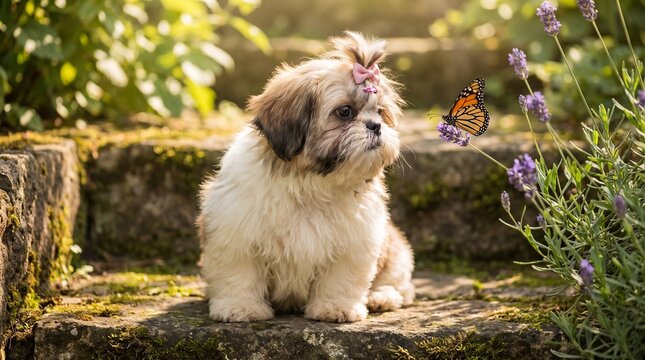 Shih tzu puppy curiously observes a monarch butterfly in a garden