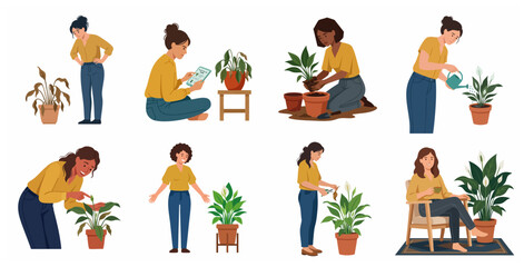 Fototapeta premium Flat Vector Illustration Set of a Woman Caring for a Houseplant from Wilted to Healthy Flourishing Condition