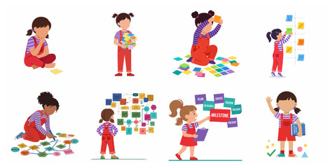 Fototapeta premium Vector set of little girls learning project management, planning tasks with sticky notes, and organizing business workflows