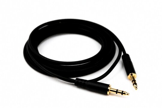 Black audio cable with three rings on each connector. This wire links music players to speakers or headphones. It has gold plated jacks for best sound quality.