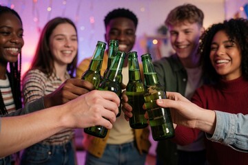 Naklejka premium Diverse young friends in 20s cheer with beer bottles at cozy house party. People enjoy evening fun, celebrate good times, socialize, showing friendship, togetherness. Smiles, laughter fill room.
