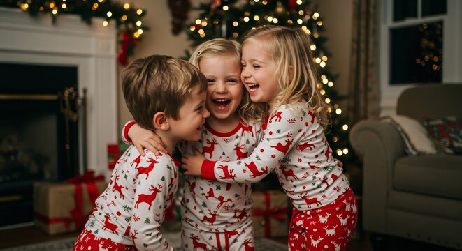 Christmas Morning Joy: Three delighted children in festive pajamas share a warm embrace on Christmas morning, surrounded by the magical glow of holiday decorations and gifts.
