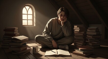 Fototapeta premium Pensive Scholar: A young person sits amidst stacks of books in a cozy attic room, bathed in soft light filtering through a gothic-style window, contemplating a journal entry.