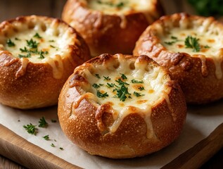 Fototapeta na wymiar Freshly baked cheesy bread bowls with melted cheese, green herbs. Four crusty sourdough bread rolls filled with creamy savory snack. Warm homemade comfort food served on wooden board. Tasty bakery