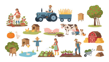 Fototapeta premium Large bundle of organic farming vector illustration elements featuring cartoon farmers driving tractor feeding livestock and harvesting crops