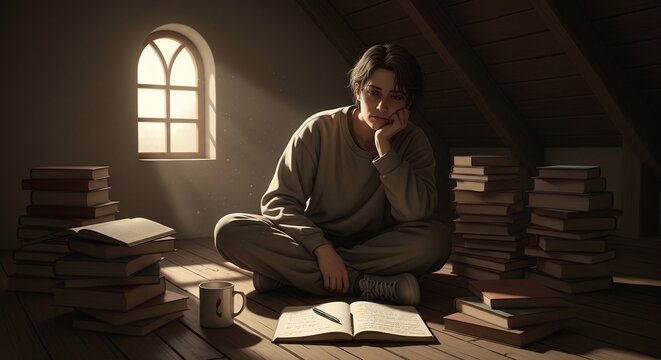 Pensive Scholar: A young person sits amidst stacks of books in a cozy attic room, bathed in soft light filtering through a gothic-style window, contemplating a journal entry.