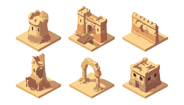 Isometric set of ancient desert ruins vector illustration featuring old stone fortress walls towers and sand castle structures