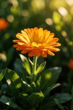 Fresh orange calendula flower grows in summer garden. Bright pot marigold blossom with green leaves under warm sunlight. Natural herbal plant blooming outdoors in nature. Healthy medicinal herb used