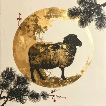 Black sheep silhouette on a hand brushed gold leaf circle with pine and plum, Japanese New Year