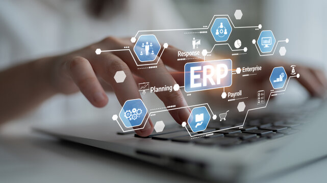 Close-up of hands typing on a laptop with ERP icons, symbolizing enterprise resource planning, essential for modern business productivity and efficient management. Tessel