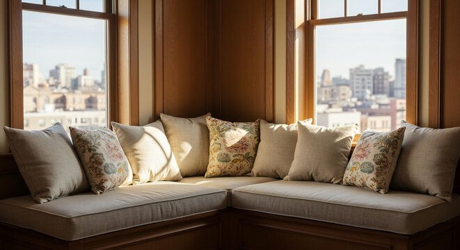 Cozy Bay Window Nook with City View: A comfortable and inviting bay window seating area, adorned with plush cushions, offers a serene spot to enjoy a panoramic view of the cityscape.