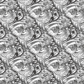 Hand drawn carnival mask seamless pattern in zentangle style with decorative feathers