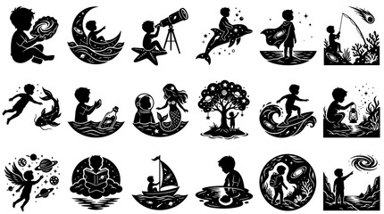 Fototapeta premium Childhood Fantasy Exploration Vector Silhouette Set with Kids, Space, and Nature Themes