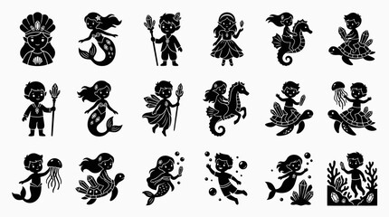 Fototapeta premium Cute Mermaid and Ocean Creatures Silhouettes Vector Graphics for Kids