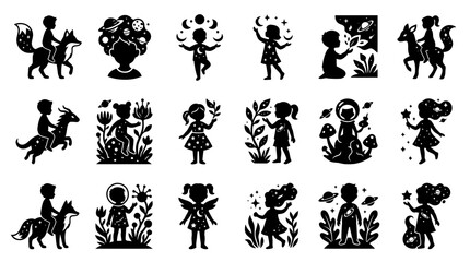 Fototapeta premium Childhood Imagination: Black White Glyph Vector Set of Kids, Space Exploration, and Nature Dreams Silhouettes