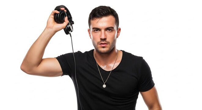 DJ with Headphones: A confident DJ, wearing a black t-shirt and necklace, holds up headphones to his ear, ready to deliver an electrifying performance.