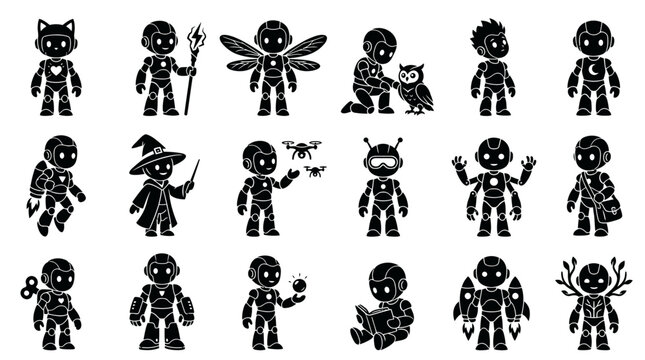 Technology Robotics AI Glyph Set: Cute Black  White Robot Characters Collection