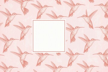 Obraz premium Delicate pink background features repeating hummingbird illustration pattern. A blank square frame sits centered, ready for custom text or image. Perfect for invitations, notes, or feminine designs.