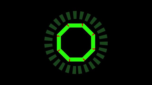 Green octagonal loading ring animation. Seamless loop perfect for UI elements, progress indicators, buffering screens, internet connections, and tech interfaces.