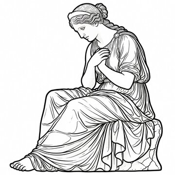 Sad classical statue illustration depicts a grieving woman with clasped hands, head bowed. Elegant line art style shows emotion, ideal for art, psychology, or tattoo design.