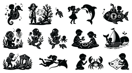 Fototapeta premium Children's Marine Adventure Black and White Silhouette Vector Set with Kids, Sea Animals, and Ocean Exploration