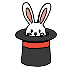 Cute Hand Drawn Bunny Rabbit Magic Hat Circus Doodle. Cute hand drawn cartoon rabbit popping out of a magician’s top hat. Playful circus and magic themed illustration isolated on a white background,  © esra