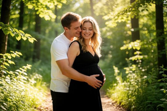 Couple embrace in forest with man touching pregnant belly. Happy wife wears black dress, husband in white shirt. Soon parents share love, anticipation of baby.
