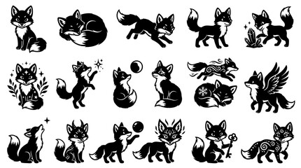 Obraz premium Mystical Fox Silhouette Set: Whimsical Black and White Glyph Art Icons Collection