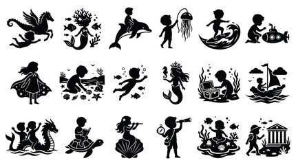 Fototapeta premium Children Kids Fantasy Ocean Adventure Silhouettes Set. Boys Girls Playing, Exploring, Mermaids, Dragons Glyphs