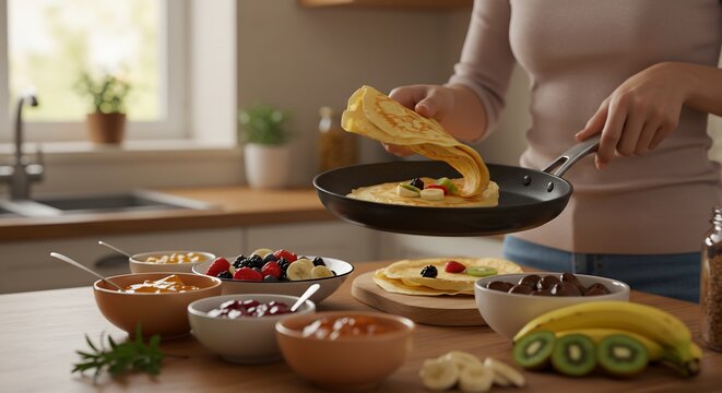 Pancake Perfection: A person skillfully flips a golden pancake in a non-stick pan, surrounded by a delightful spread of fresh fruits, jams, and toppings, ready for a delicious breakfast or brunch.