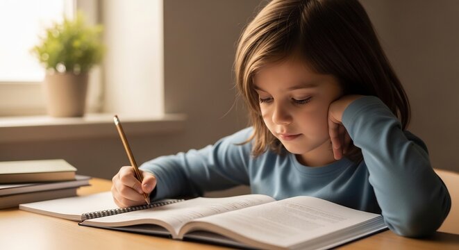 Young Student Focused on Homework: A young girl with a pensive expression diligently writes in a notebook while studying at a wooden desk, bathed in soft natural light.