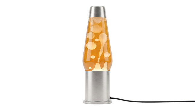 Orange lava lamp product photo. Glowing retro light fixture with floating wax bubbles. Isolated on white background for interior design projects