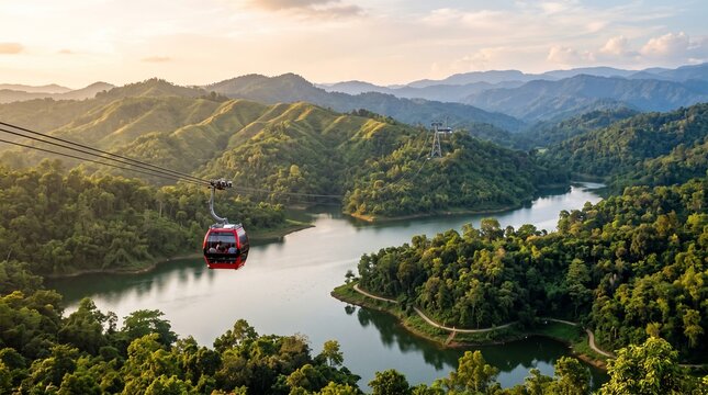 Red cable car travels above a winding river and lush green mountains