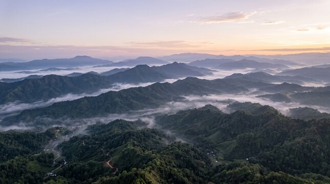 Rolling hills rise from morning mist at dawn scenic landscape