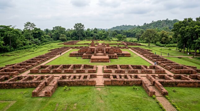 Aerial view of shalban vihara ruins surrounded by lush greenery and forest