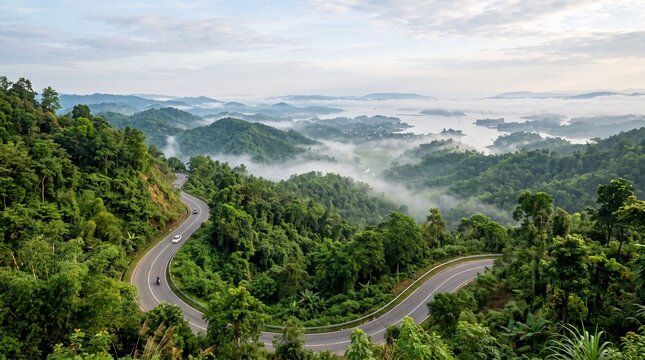 Winding asphalt road traverses lush forested hills with distant lake views