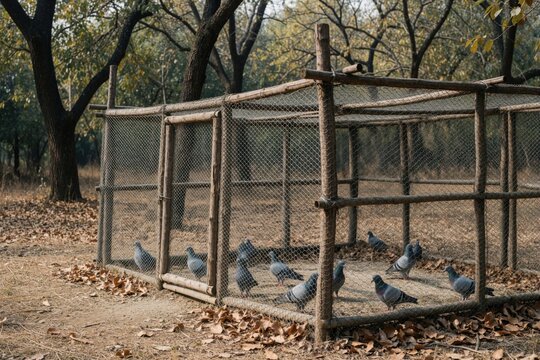 Rustic wooden and wire mesh dovecote in forest contains grey pigeons. Birds rest inside rustic aviary on dry leaves, dirt ground, trees surround enclosure. Daytime scene.